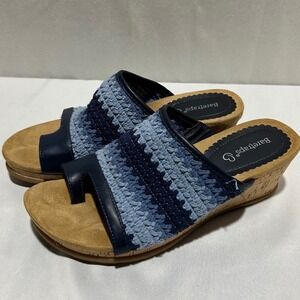 Baretraps Wedge Sandals Womens 8.5 Blue Crochet Striped Toe Loop Cork Heel